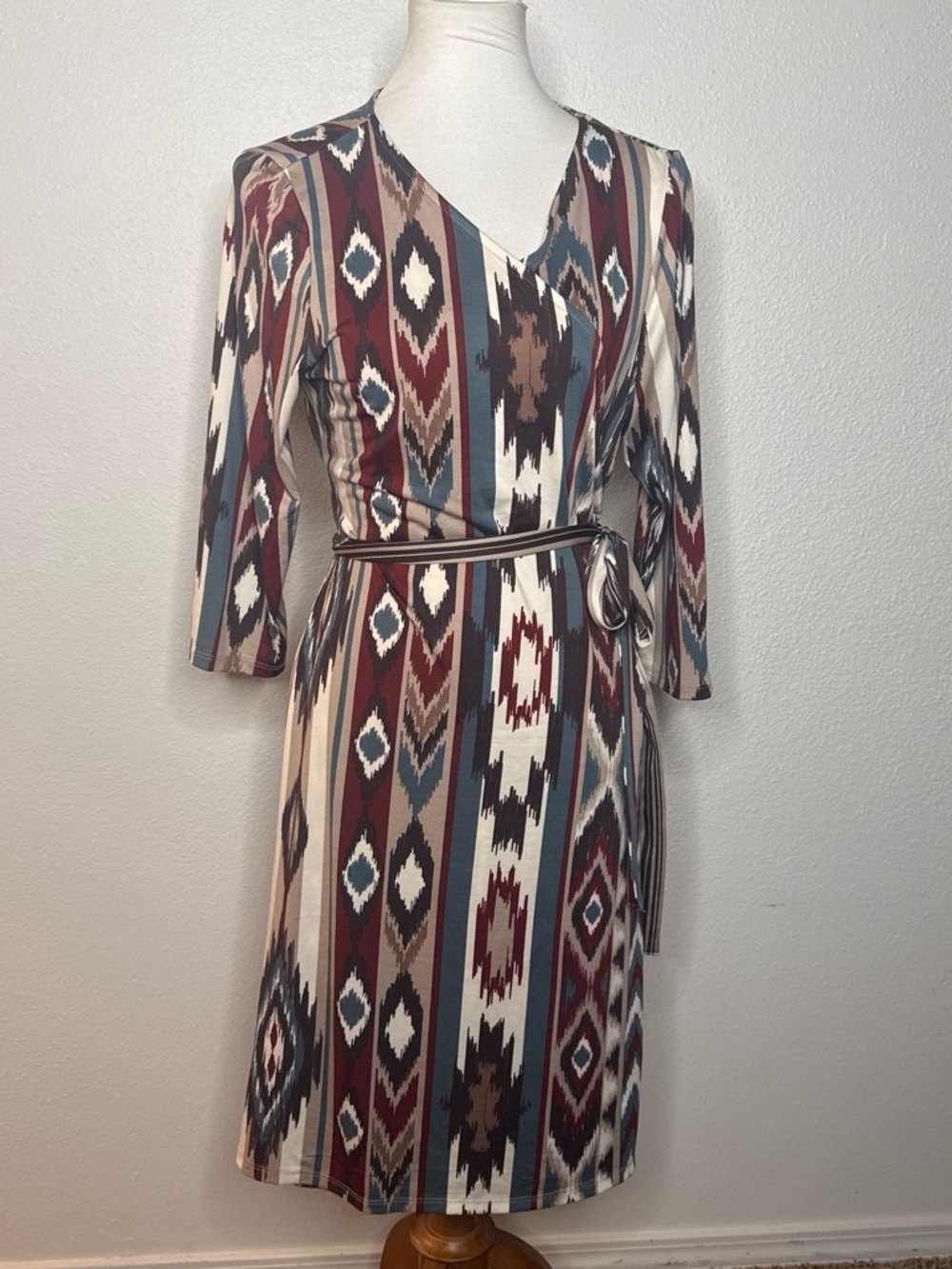 LuLaRoe Aztec Stripe Wrap Dress in Burgundy, Blue, Cream, and Tan
